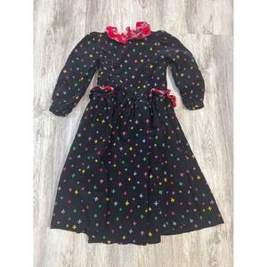 Mousefeathers Vintage Girls Black Corduroy Fleur-De-Lis Dress Red Ruffle Size 7